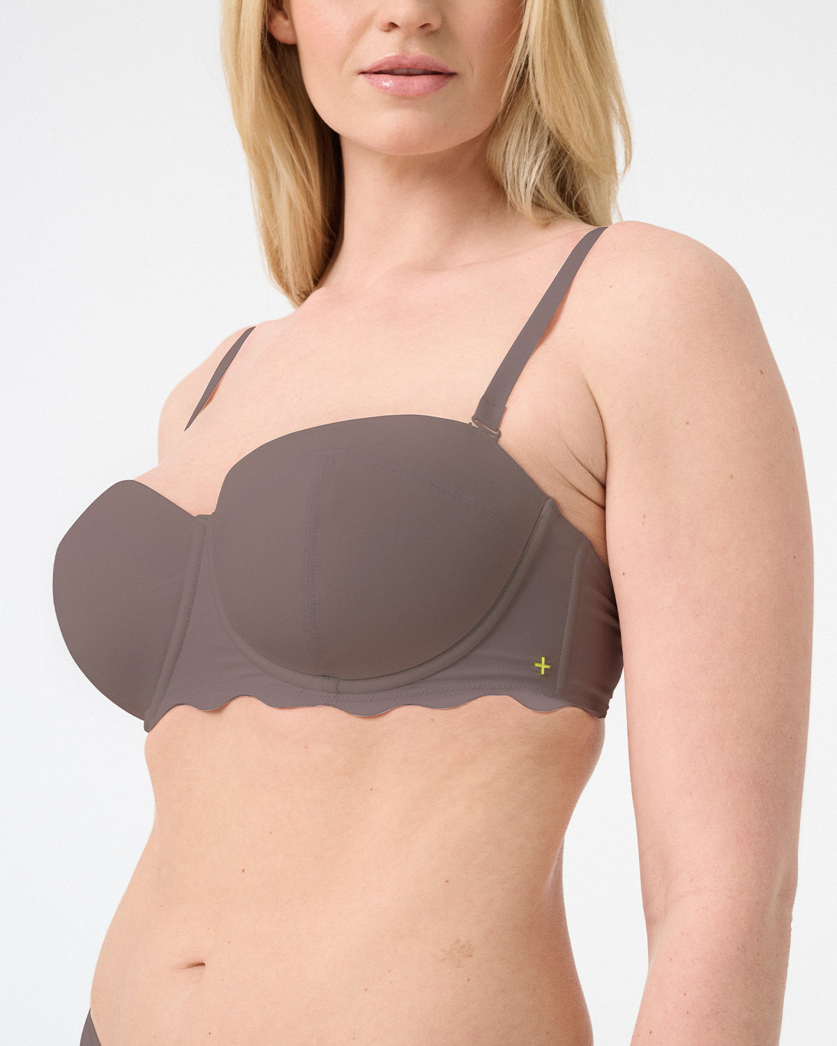 woman wearing brown balconette swim suit top in shade cocoa