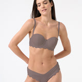 Woman wearing brown balconette bikini in cocoa