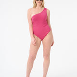 Woman wearing pink one piece swimsuit