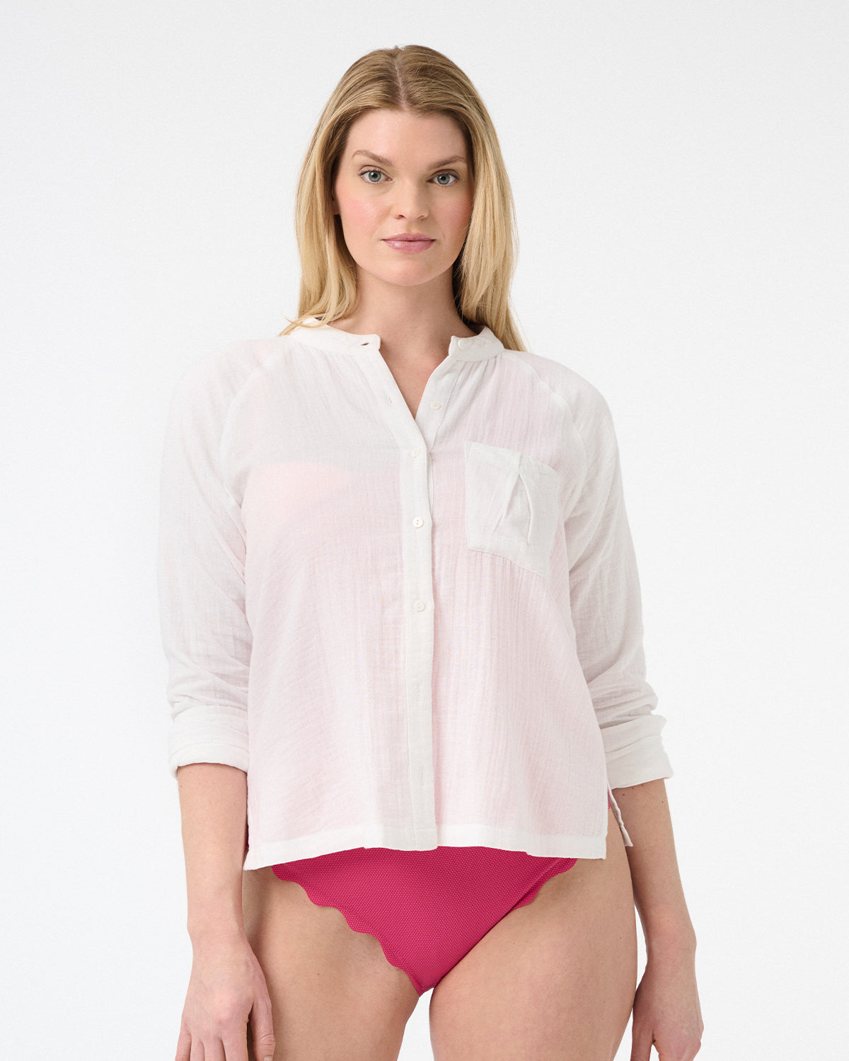 This image features the Paradise Found Button Down Top, tailored for a versatile and stylish look. The top is crafted from breathable gauze, enhancing comfort and elegance.