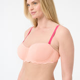 A bikini top in color hibiscus with pink straps
