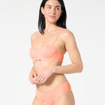 Angled view of textured Sorbet balconette bikini top with scalloped detail, paired with mid-rise bikini bottoms for a supportive and feminine swim set