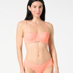 Front view of textured Sorbet balconette bikini top and matching Iris bikini bottoms with scalloped edges and a supportive cup-sized fit