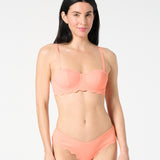 Front view of textured Sorbet balconette bikini top and matching Iris bikini bottoms with scalloped edges and a supportive cup-sized fit