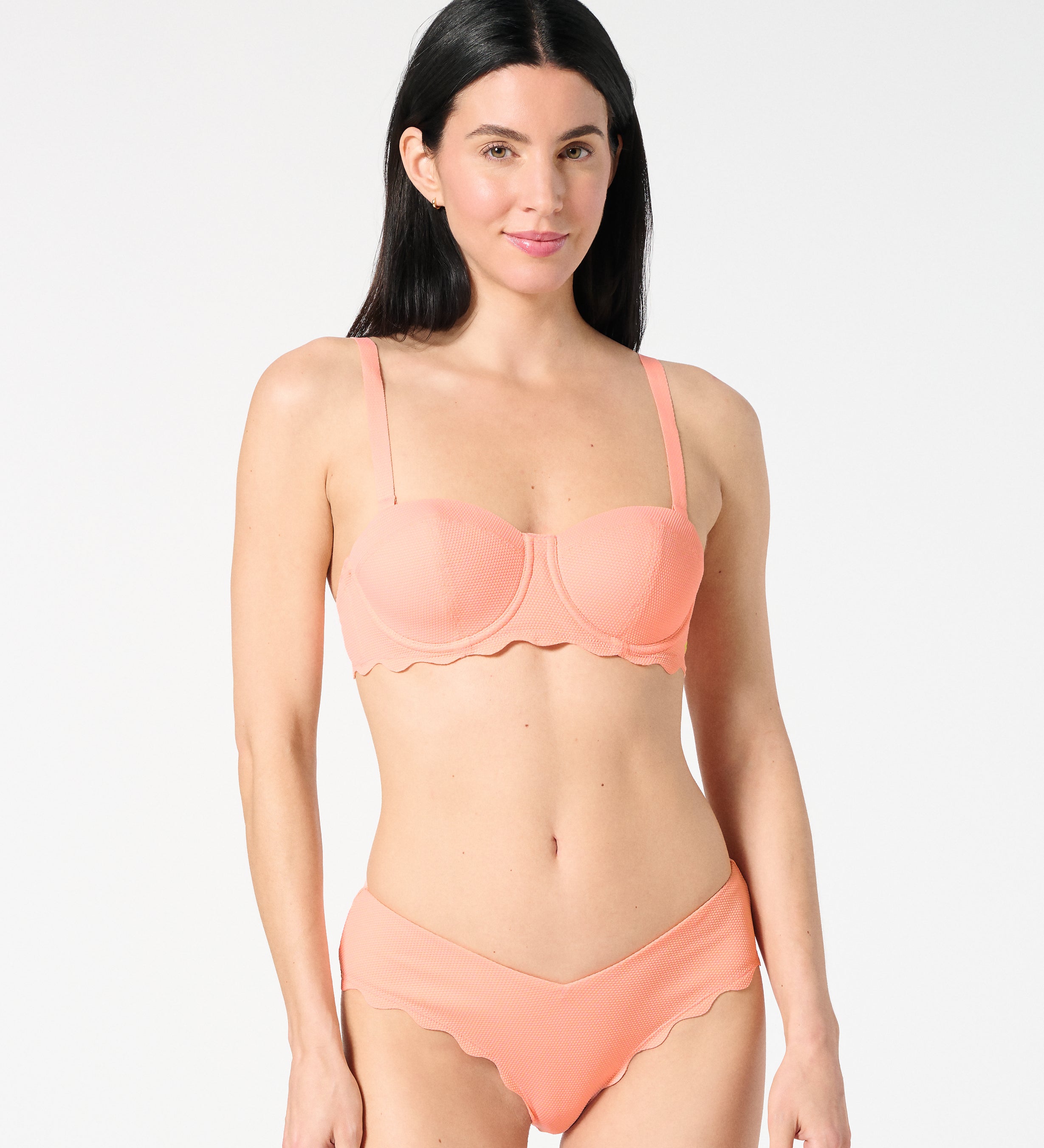 Front view of textured Sorbet balconette bikini top and matching Iris bikini bottoms with scalloped edges and a supportive cup-sized fit
