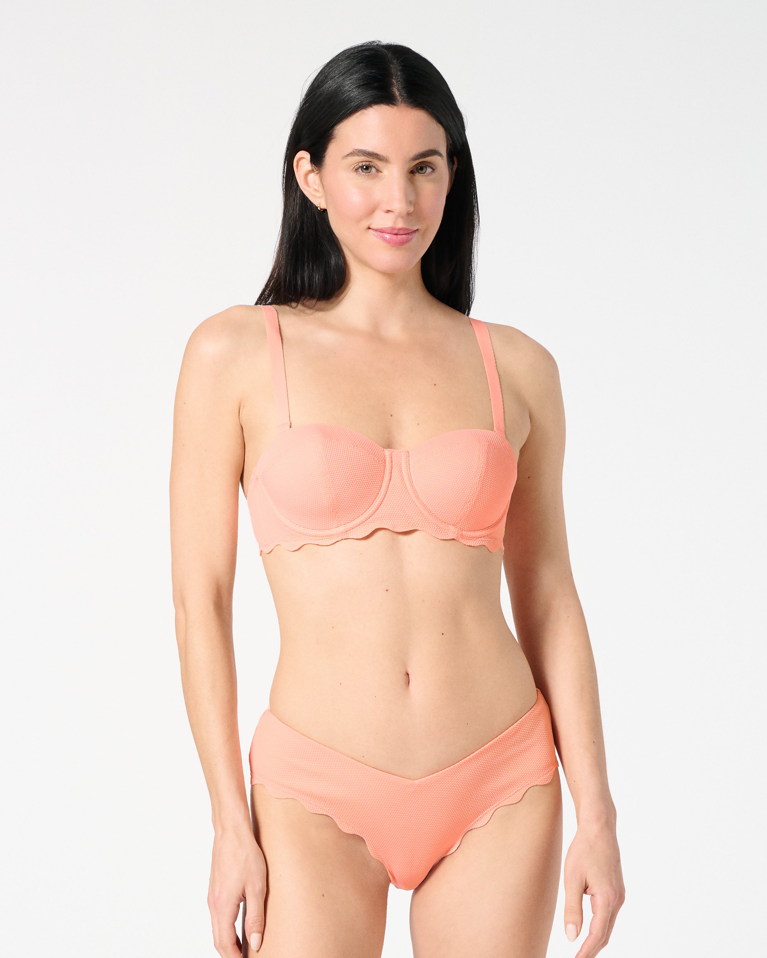 Front view of textured Sorbet balconette bikini top and matching Iris bikini bottoms with scalloped edges and a supportive cup-sized fit