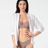 White gauze button-down worn open over Cocoa balconette bikini top and matching bottoms — breathable swim cover-up look