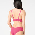 Back view of textured Hibiscus balconette bikini set with supportive closure and flattering scalloped bikini bottoms