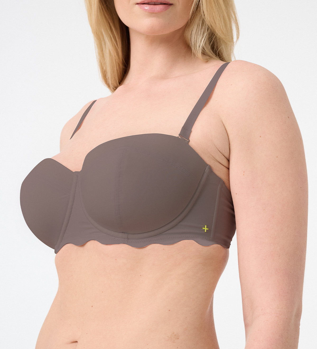 woman wearing brown balconette swim suit top in shade cocoa