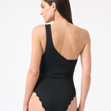 Back of woman wearing black one piece swimsuit 